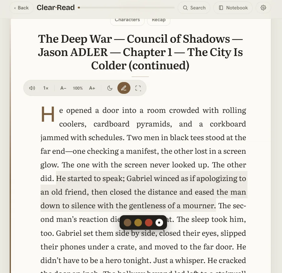 Novel mode with a drop cap and flowing chapter text